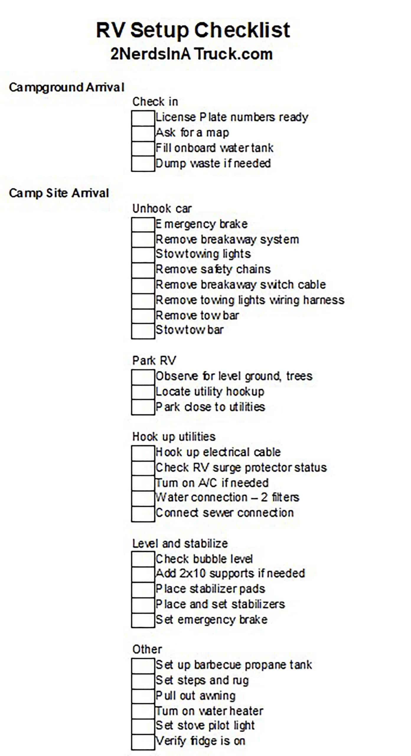 Ultimate Rv &amp; Travel Trailer Setup Checklist - 2 Nerds In A Truck intended for Free Printable Rv Setup Checklist