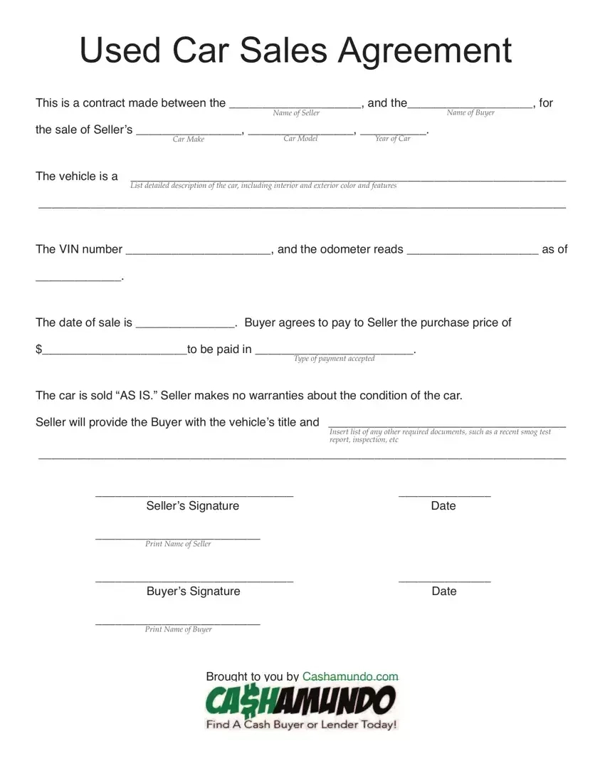 Used Car Agreement ≡ Fill Out Printable Pdf Forms Online with regard to Free Printable Car Purchase Agreement Template