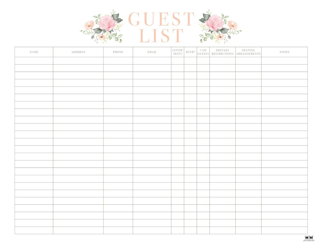 Wedding Guest List Templates - 20 Free Lists | Printabulls with regard to Printable Wedding Guest List Template