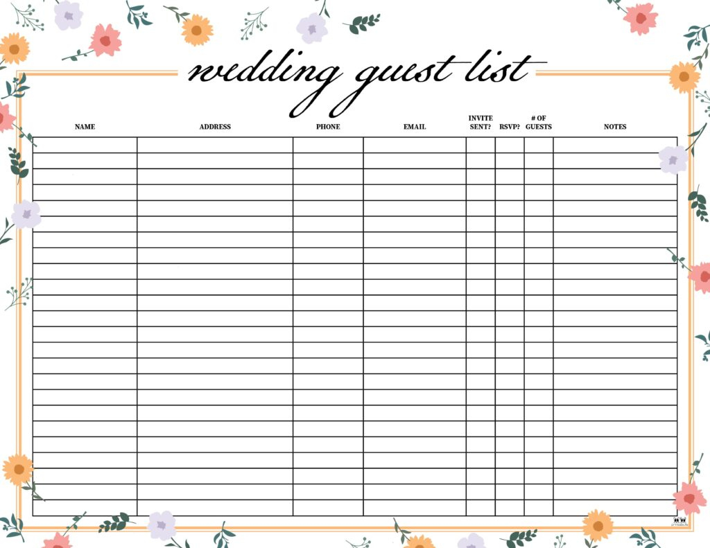 Wedding Guest List Templates - 20 Free Lists | Printabulls with regard to Printable Wedding Guest List Template